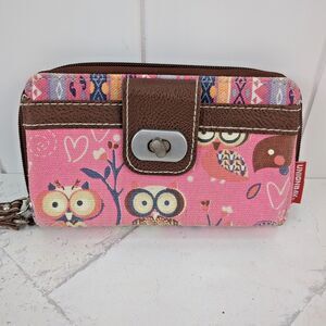 UNIONBAY Owls Canvas Fabric Pink & Brown Wristlet Wallet